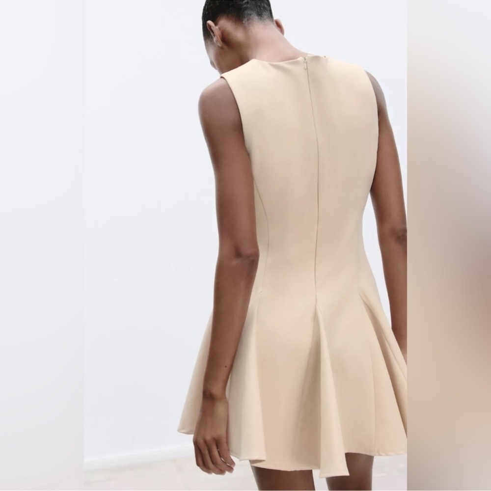 Zara Beige Mini Godet Fit & Flare Dress w/ Front Bow Detail, Sleeveless Sz M NWT - Picture 4 of 8